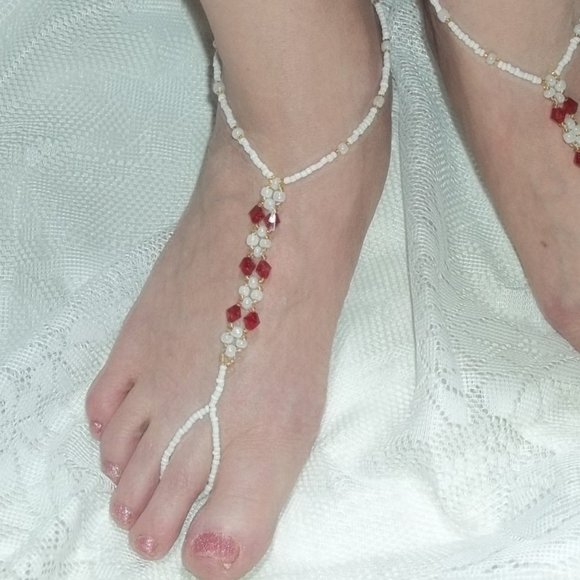 Handcrafted Red Crystal Barefoot Sandals Size 6-9 - Picture 4 of 4